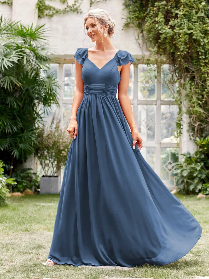 Vestido de noite longo com decote em V, manga curta, babados, renda, vestido de baile, vestido de festa, vestido de madrinha