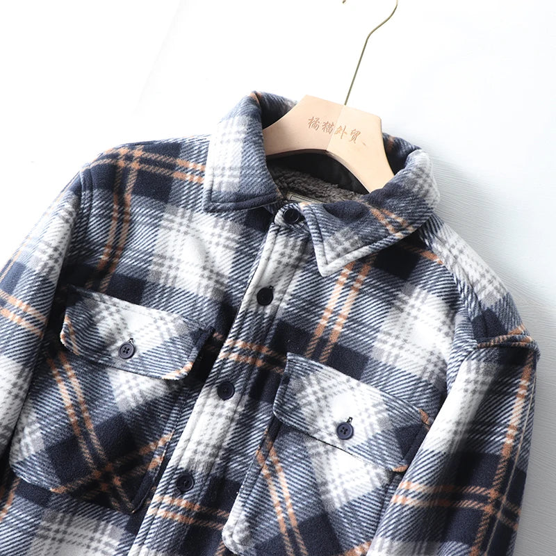 Thickened Plaid Shirt Coat Couples Style Fleece Lined Lamb Fur Casual Warm Outerwear for Men And Women Polyester Fabric