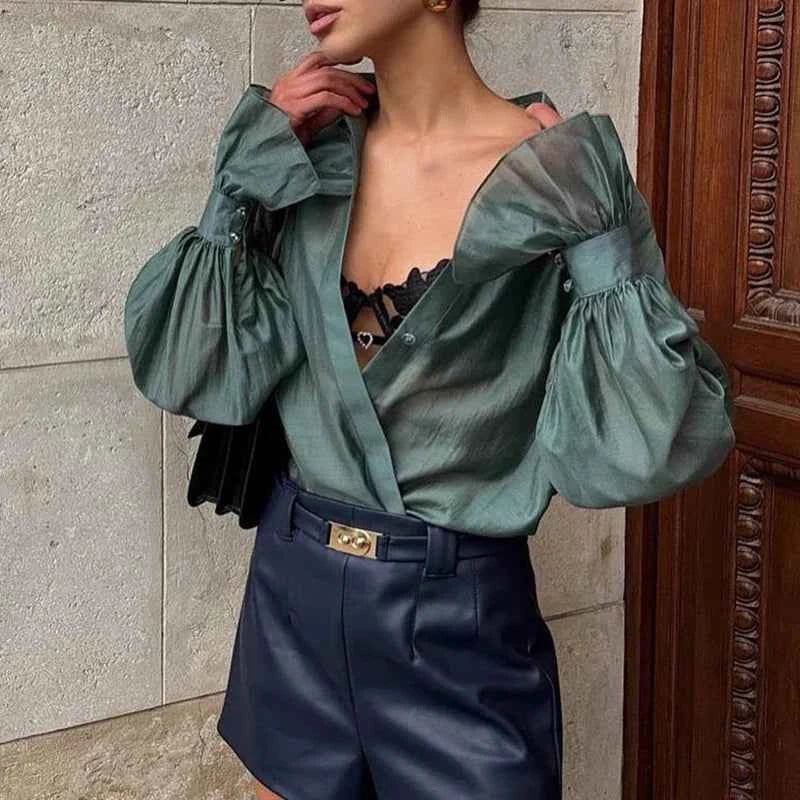 New Spring Autumn Flare Long Sleeve Office Lady Blouses Fashion Turn-down Collar Button Thin Shirt Casual Solid Loose Women Tops