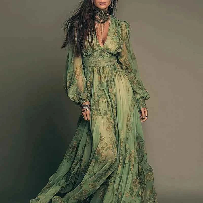 Elegant Green Floral Print Chiffon Maxi Dress Spring Sexy Deep V Neck High Waist Long Dress New Summer Bohemian Beach Maxi Dress