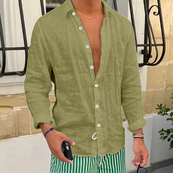 Breathable and Comfortable Pure Cotton Long Sleeved Shirt Summer Thin Cut Lapel Solid Color Versatile Beach Shirt