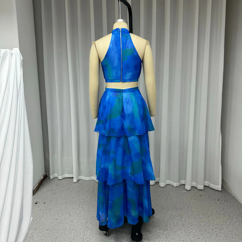 Cake Skirt Set Women Dress Sets Two Piece Sets Sexy Print Sleeveless Short Tops Elegant Splice High Waist A Line Long Skirts