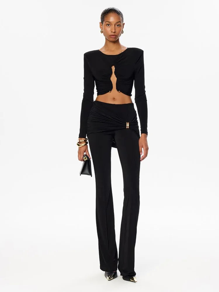 Ahagaga Autumn Fashion Women's Sets Solid Regular Long Sleeves O-Neck Skinny 2Pcs (Tops+Pants) Knot Casual Streetwear Folds Suit