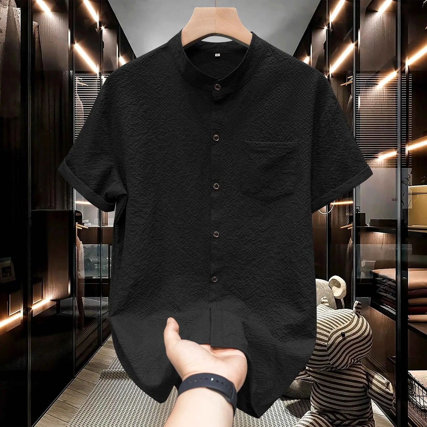M-5XL Summer Men's Shirt Short Sleeved with Bubble Gauze Textured Fabric Thin Quick Drying Stand Up Collar Short Sleeved Shirt