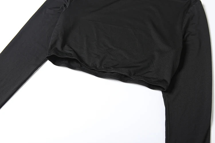 Nibber Simple Two Pieces Crop Tops Women Turtleneck Zipper Shoulder Pads Tops+o-Neck Long-Sleeve Glove t-Shirts Sexy Streetwear