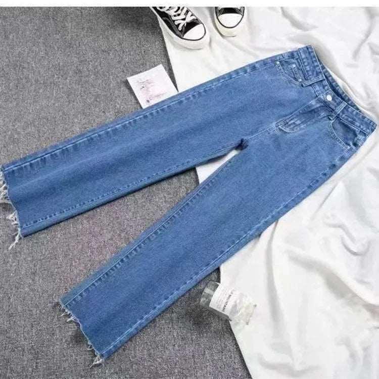 Calça jeans feminina estilo coreano, cintura alta, folgada, reta, com franjas drapeadas, para emagrecimento