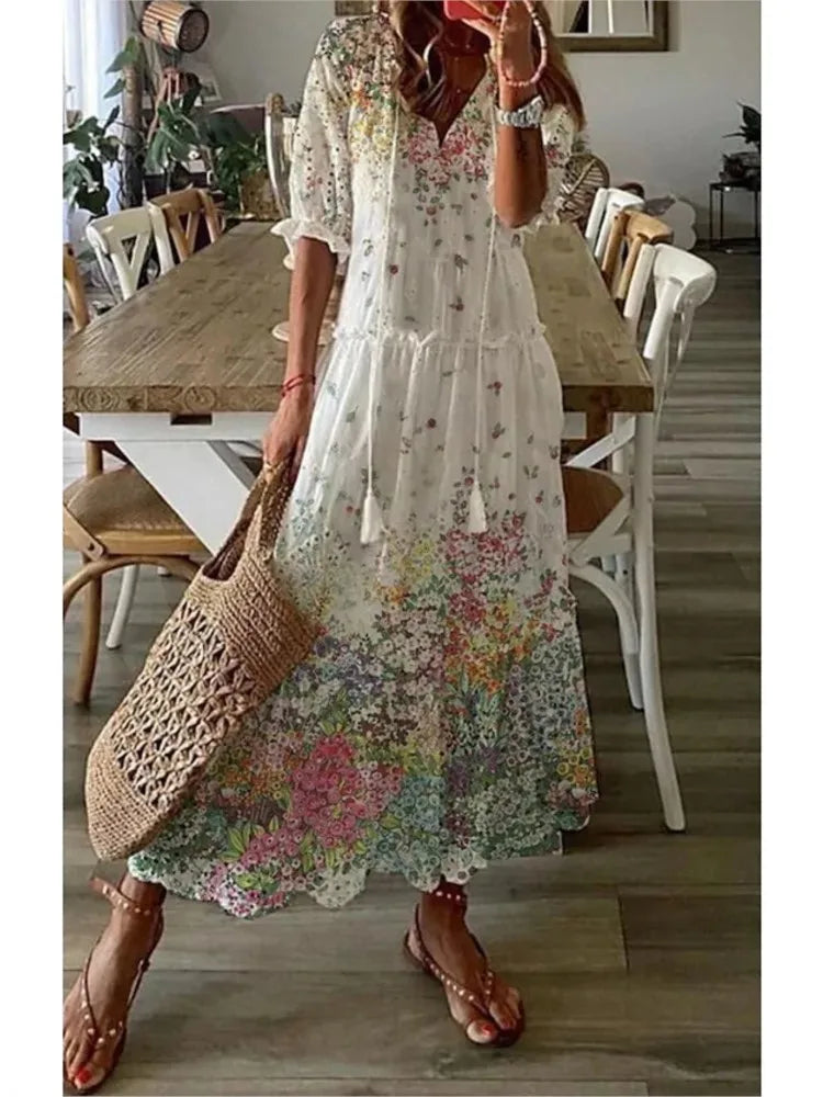 Women's 2024 Spring Summer New Casual Sweet Loose Sexy V-neck Fashion Printed Hanging Beard Middle Sleeve Long Dress For Women