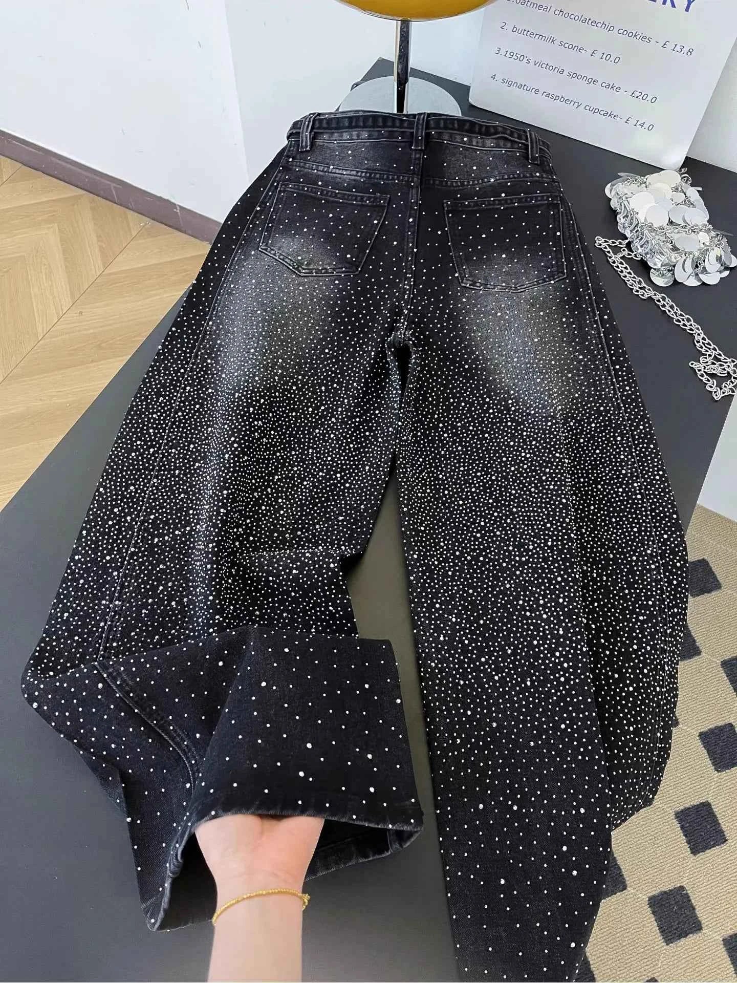 Glittering Rhinestone Denim Pants Women's Jeans New Wide Leg Design Sensation Floor-Length Pants Loose Jeans