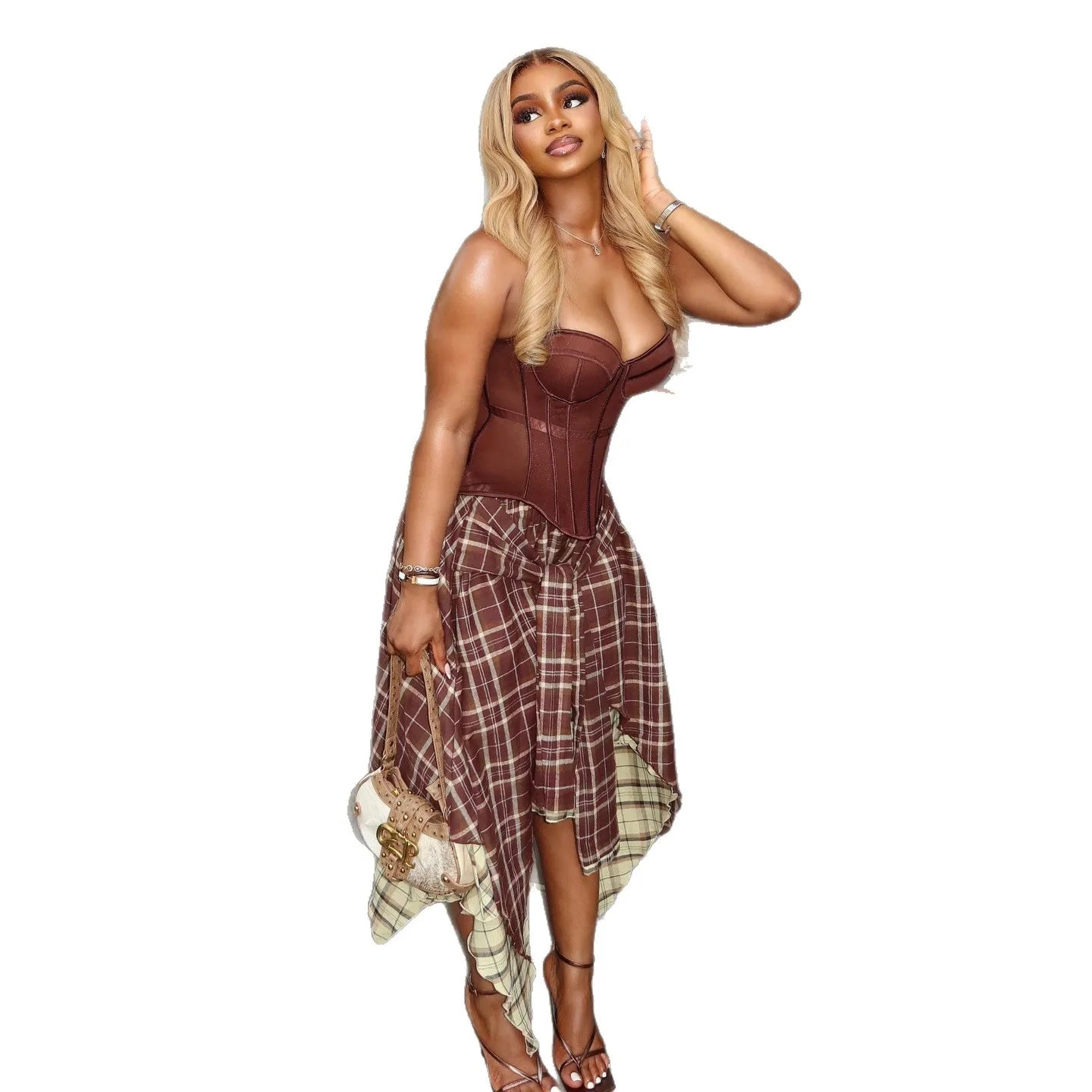 Women's Retro Plaid Slimming Two-Piece Set High Waist Irregular Half Skirt Summer New Style Suit