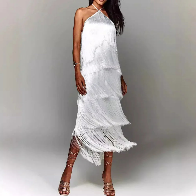 Fashion Neck Fringed Backless Slit Dress for Women