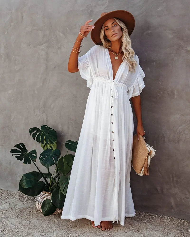 Blusa de biquíni com botões e cintura alta, saia longa, cardigan, jaqueta de praia para férias, proteção solar