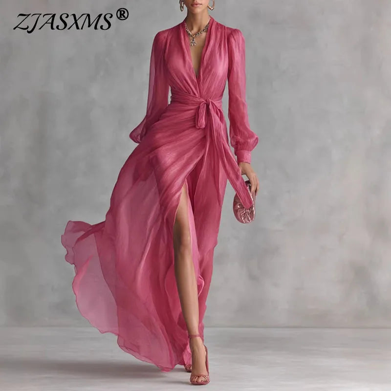 Elegant Deep V Neck Hollow Party Dresses Woman New Spring Wrap Tie Waist High Slit Long Dress Femme Solid Long Sleeve Maxi Dress