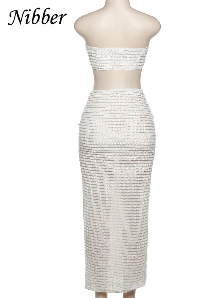 Nibber Elegant Stacked Folds Two Piece Set Women Solid Thin Strapless Chest Tops+Slim Skirts Female Streetwear Matching Suit