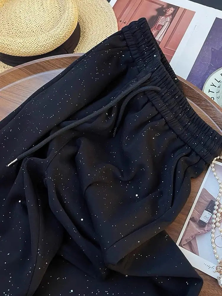 Shiny Ice Silk Wide Leg Pants Women Summer New High Waist Straight Casual Sports Long Trousers Children's Matching Pants