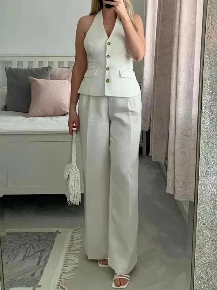 HH Pant Sets For Women Fashion Yellow Backless Button Halter Crop Vest Top Straight Trousers Elegant Office Lady Suit