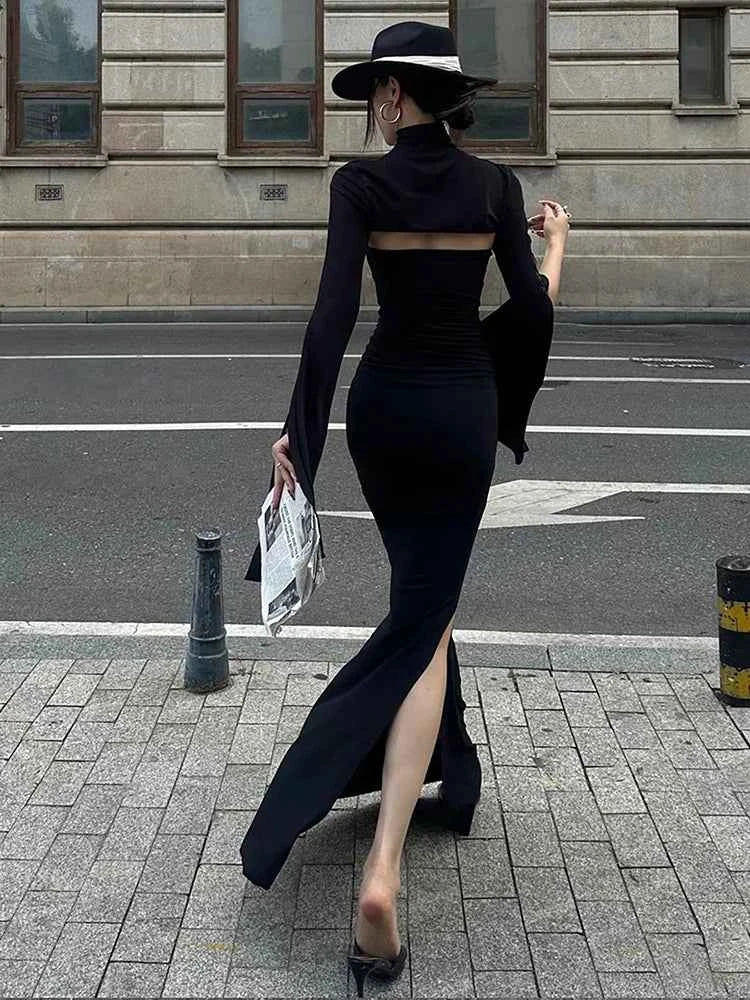 Nibber Fashion Chic 2-Piece Set Women Strapless Split Maxi Dress+Super Short Half-Sleeve Turtleneck Top Matching Elegant Outfits