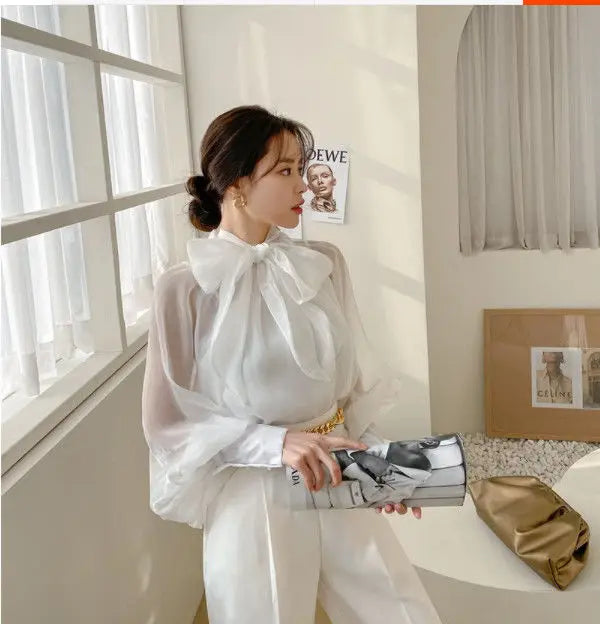 Camisas Manga Lanterna Gola Alta Sólida Casual Vintage Elegante Temperamento Manga Comprida