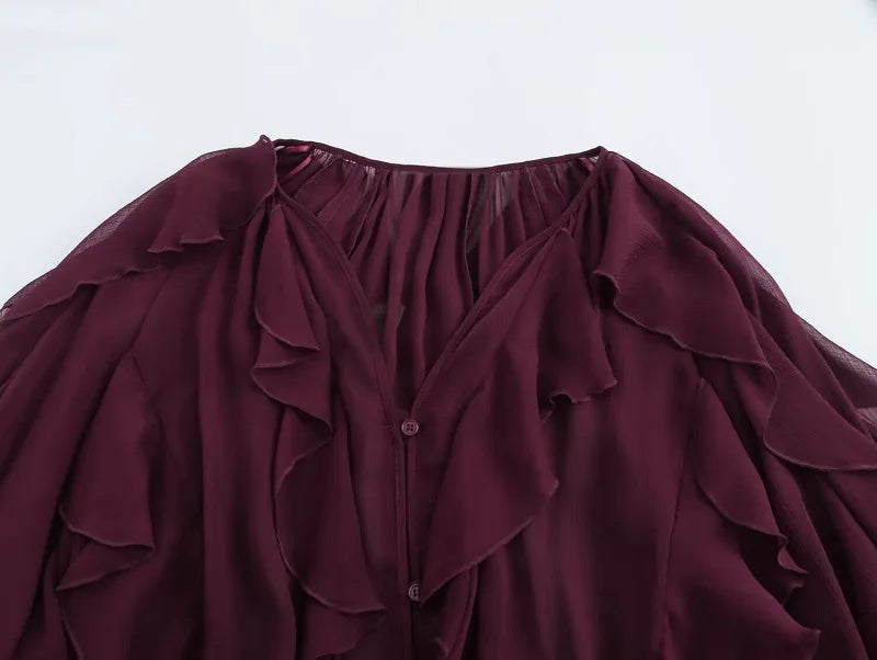 Blusas femininas com babados TRAF, blusas casuais semitransparentes, camisas e blusas femininas de manga comprida, estilo fada, para primavera, 2025