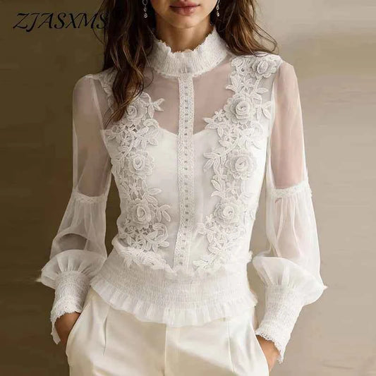 Spring Elegant Lace Mesh Hollow Sexy Blouses Women High Neck Embroidered Sheer Shirt Summer Vintage Smocked Waist Ruffle Hem Top