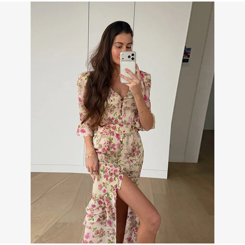 Women White Floral Print Maxi Dress V Neck Puff Sleeve Peplum Waist Fishtail Hem Chiffon Robe Elegant Party Wedding Guest Gown