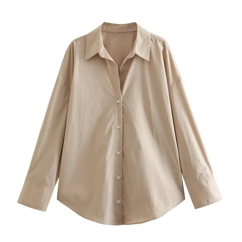 ETJ 2025 women's spring new Europe-American fashion striped long sleeve lapel loose version poplin shirt multi-color selection