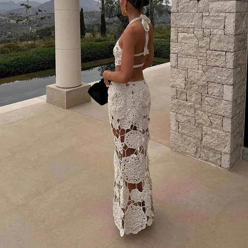 Elegant Off Shoulder Halter Evening Dress Fashion Casual Pure Color Wrap Hips Dress Sexy Hollow Out Lace Embroidery Beach Dress