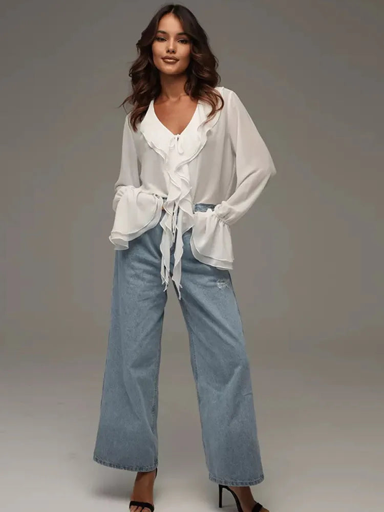 Blusa feminina elegante, azul, gola alta, babados, manga comprida, lisa, solta, chiffon, nova blusa feminina de verão 2025