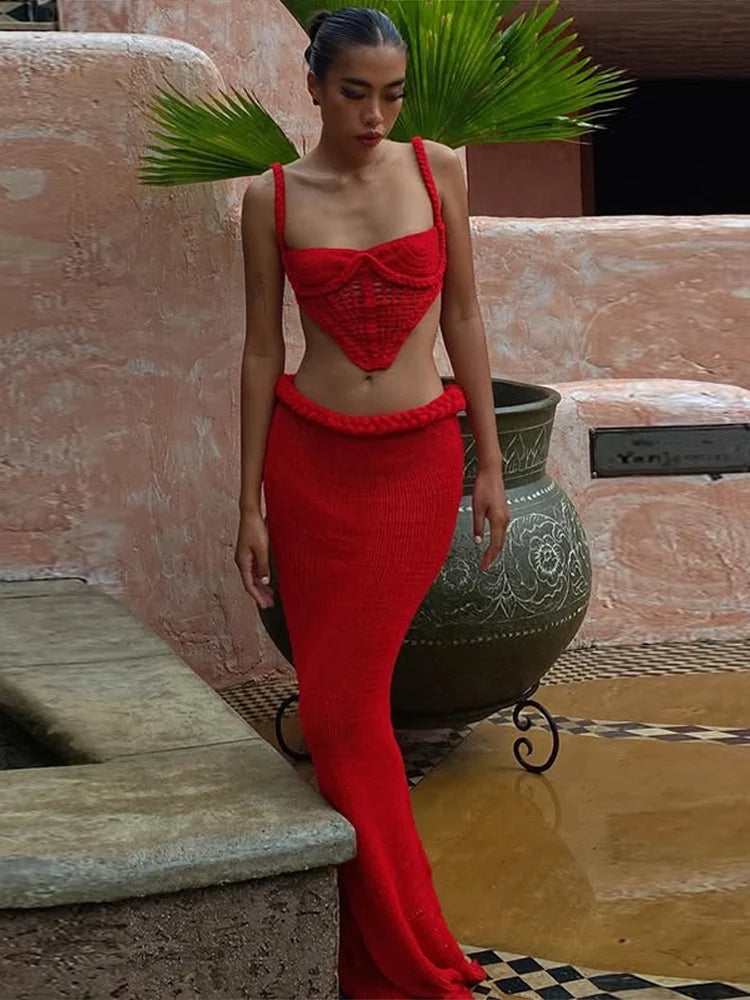 Sexy Knit Crop Tops Skirt Sets Women Sleeveless Backless Sling Tank Long Hip Package Skirts 2025 Holiday Beach 2 Piece Set Lady