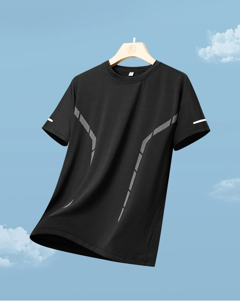 Camiseta masculina de manga curta, de seda gelada, de secagem rápida, para o verão, ideal para corrida ao ar livre, fitness e esportes.