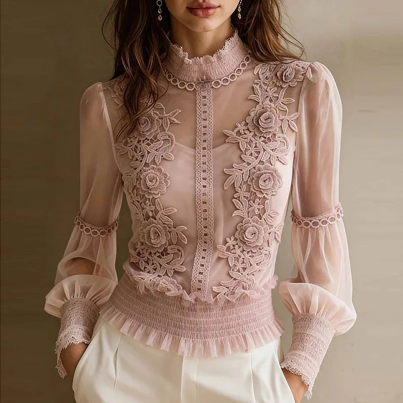 Spring Elegant Lace Mesh Hollow Sexy Blouses Women High Neck Embroidered Sheer Shirt Summer Vintage Smocked Waist Ruffle Hem Top