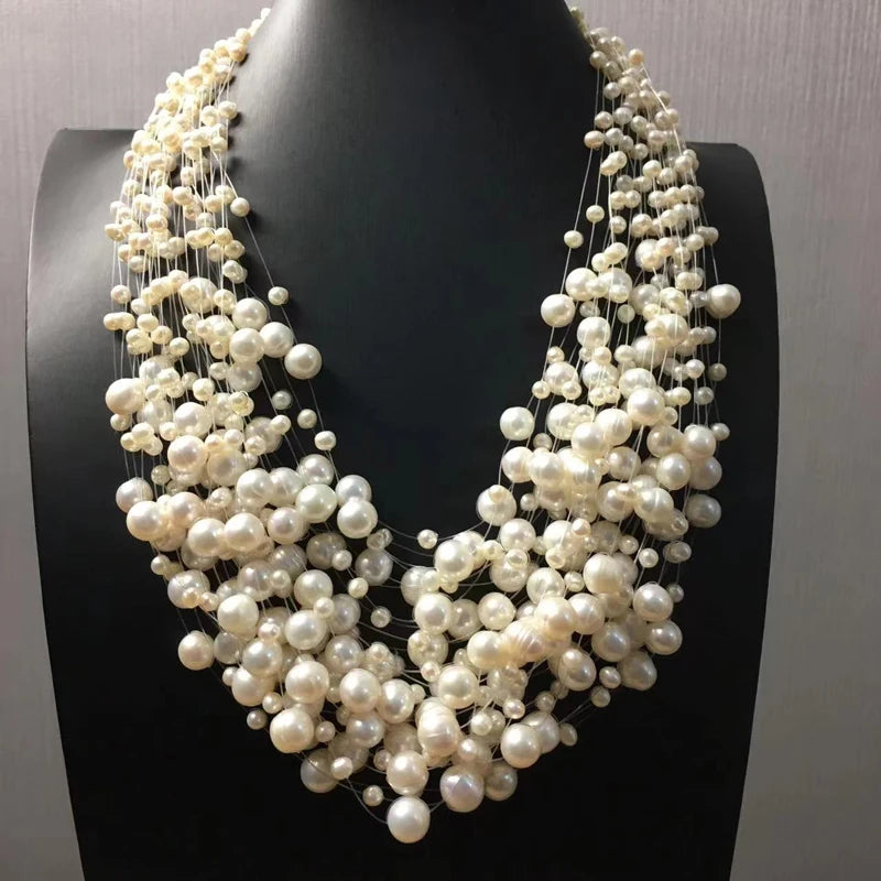 Colar de pérolas naturais de água doce com múltiplas camadas para mulheres, joias da moda, 30 camadas