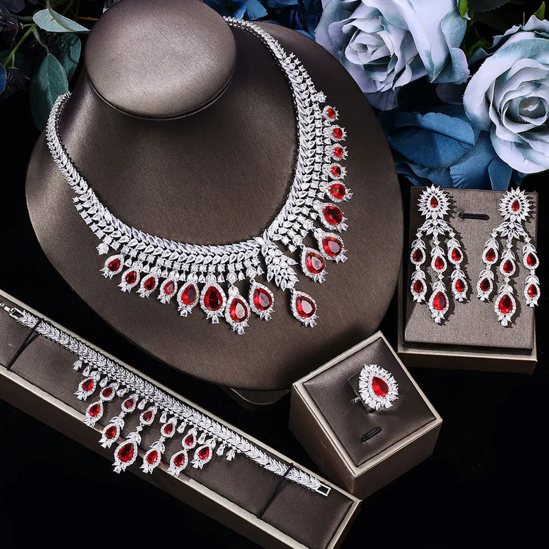 Conjunto de joias de casamento de luxo com 4 peças de zircônia 3A, conjunto de colar de cristal, conjunto de joias Dubai