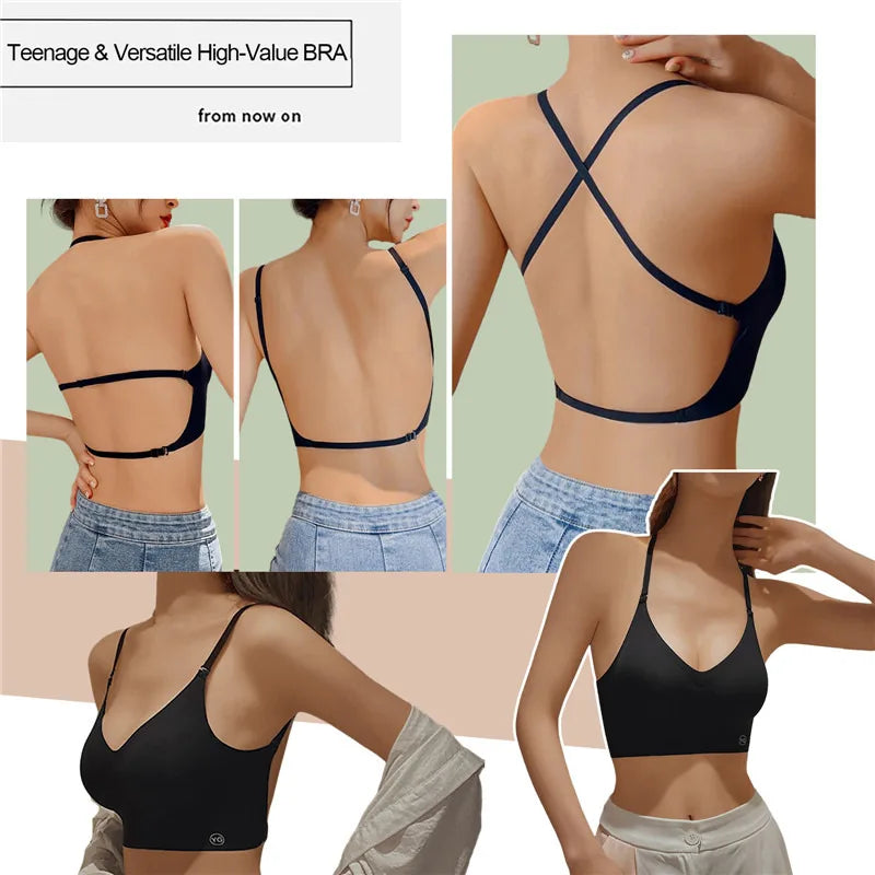Sutiã invisível feminino com decote em U profundo, top sem costas para vestidos, lingerie sexy com alça transparente, push up, roupa íntima sem alças
