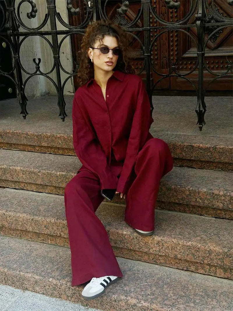 Conjunto casual de calças retas e soltas, moda primavera e outono, manga comprida, camisa de botão único, roupa chique