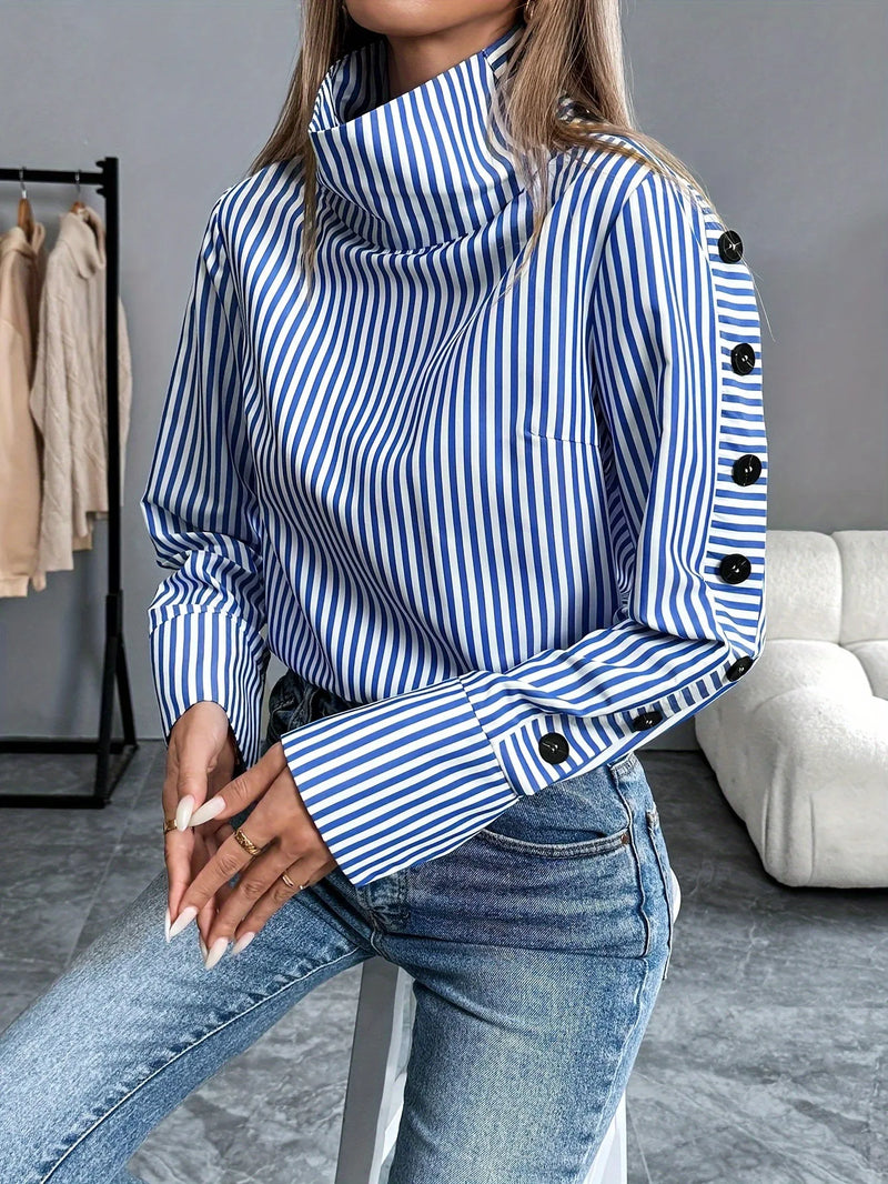 Women's shirts 2025 spring new long-sleeved women turtleneck striped shirt tops elegant office ladies patchwork button pullover