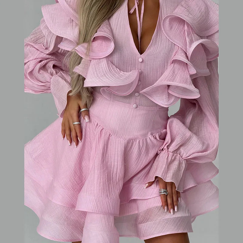 Solid Ruffle Mini Dress U Neck Long Puff Sleeve Tie Neck Tiered Hem Sweet Style Gown Soft Pastel Tones Fashion Chic Women Outfit