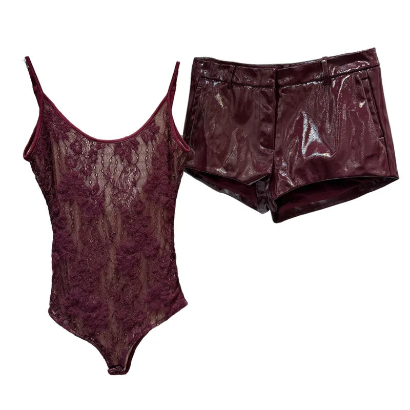 DEAT 2025 Autumn New Fashion Slim Fit Backless Lace One-Piece Camisole For Women Solid Color PU Leather Shorts Female 11A07083