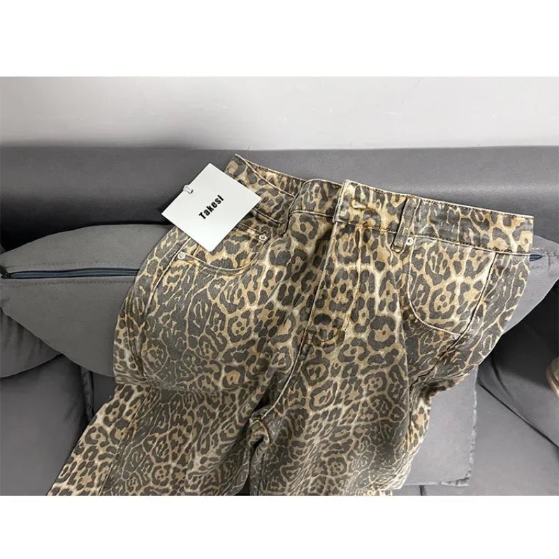 Calça jeans feminina americana retrô com estampa de leopardo, cintura alta, larga, casual, com bolsos, hip-hop, primavera/verão 2000, calça jeans pantera grande
