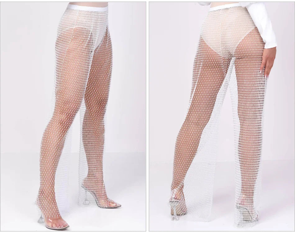 Sparkle Diamante Fishnet Wide Leg Trousers Crystal Mesh Flare Pants High Waisted Rhinestone Split Hem Leggings