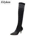 Eilyken Design Cristal Strass Tecido Elástico Sexy Salto Alto Meia Botas Acima do Joelho Bico Fino Pole Dancing Sapatos Femininos - CRAVO ROSE