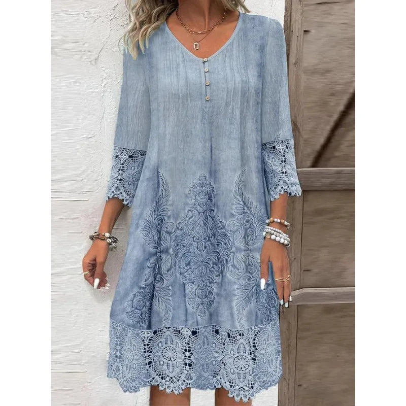Vestidos midi com estampa 3D e renda vazada, casual, manga curta