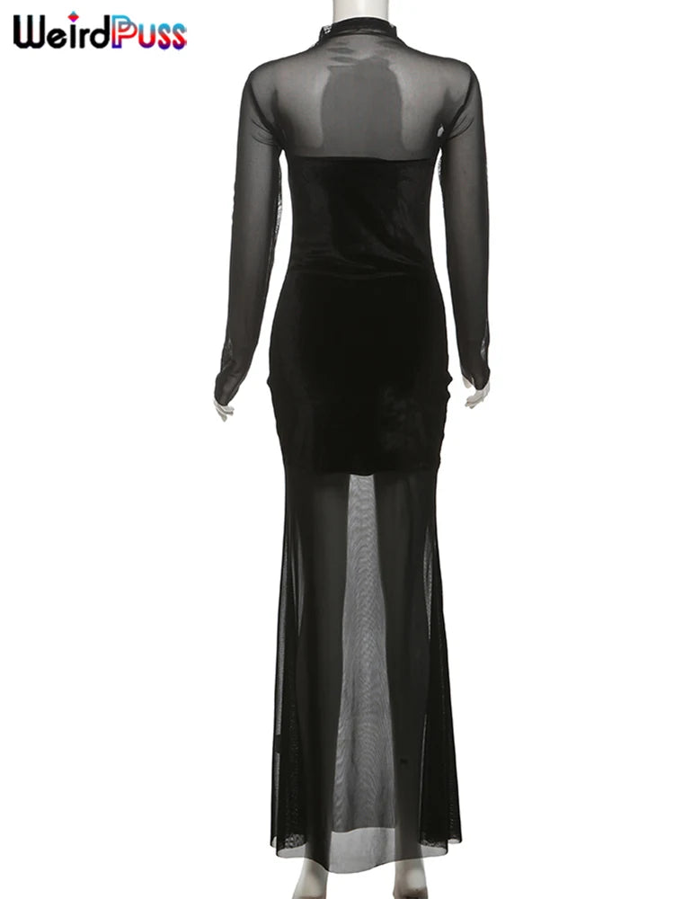 Weird Puss Patchwork Velvet Dress Women Turtleneck See Through Full Sleeve Skinny Trend Sexy Banquet Party Elegant Long Bodycon