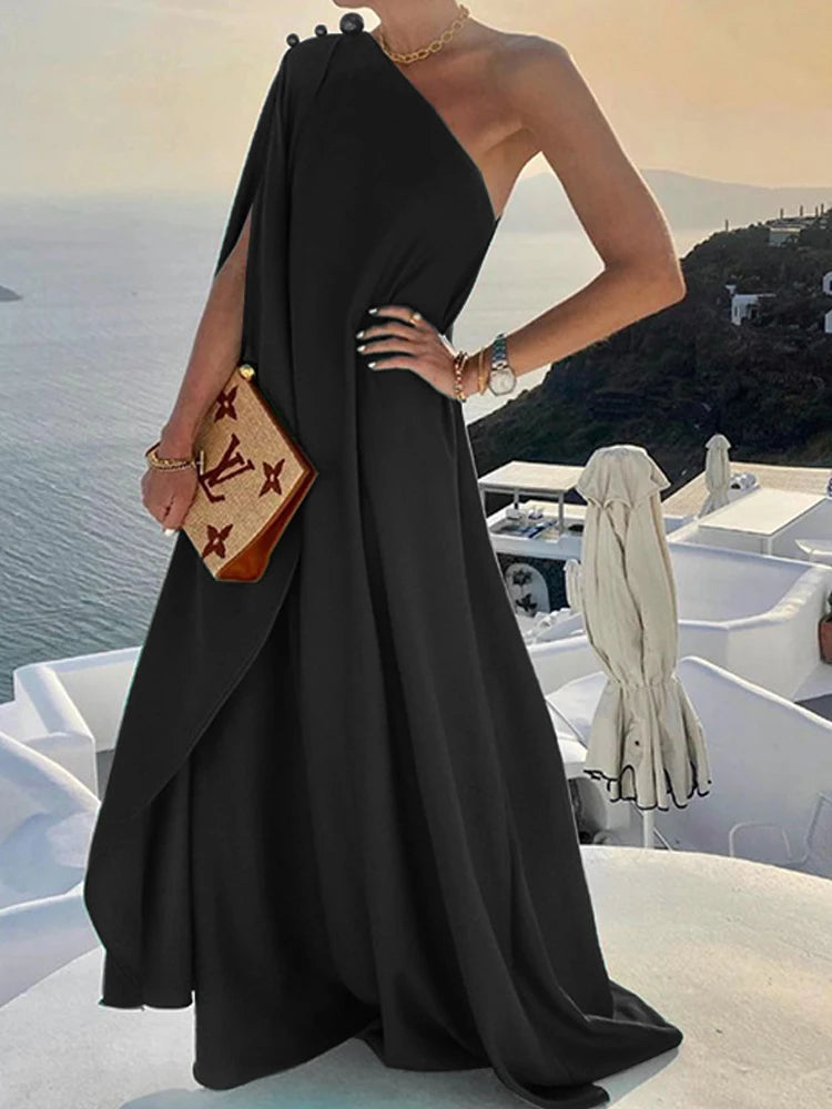 Women Sexy Off Shoulder Boho Long Dress Elegant One Shoulder Loose Party Dress 2022 Summer Fashion Button Solid Beach Maxi Dress