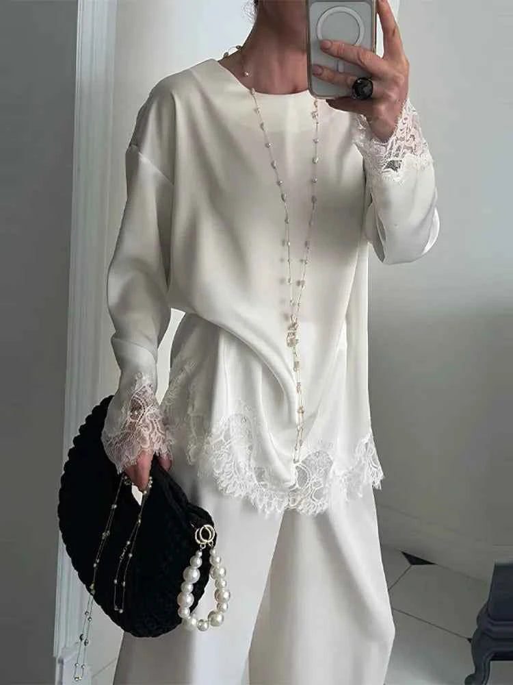 Lady Chic Diamond Beaded Tassel Hem Skirt 2026 Lace Trim Full Sleeve Shirt Short Skirt Outfits Casual Luxury Satin 2 Piece Set