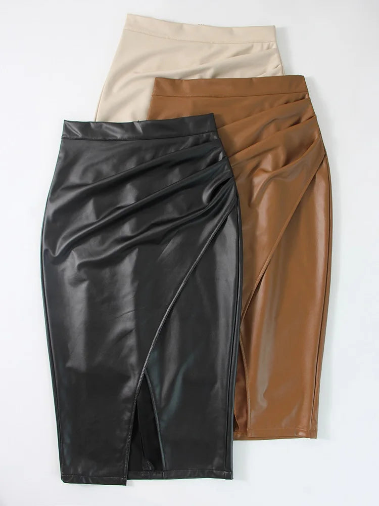 Women Midi Leather Skirt Sexy Split High Waist Zipper PU Front Slit Skirts Ladies Black Faux Leather Folded Skirt For Women
