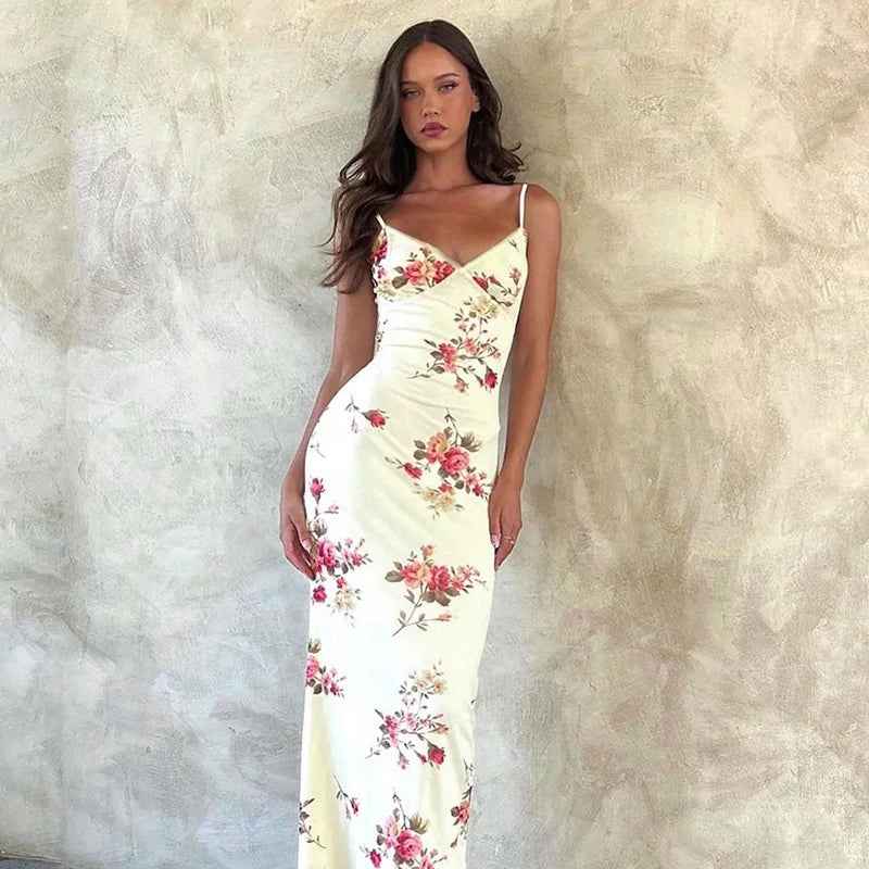 Sleeveless Floral Print Suspender Dress Women Fashion V-neck Slim Maxi Dresses 2023 Summer Chic Female Beach Party Club Robe - CRAVO ROSE