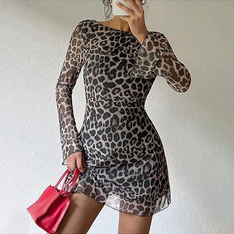 Sexy Leopard Print Mesh Mini Dress Women 2025 Backless Flared Sleeves Party Short Dresses New Female Clothing