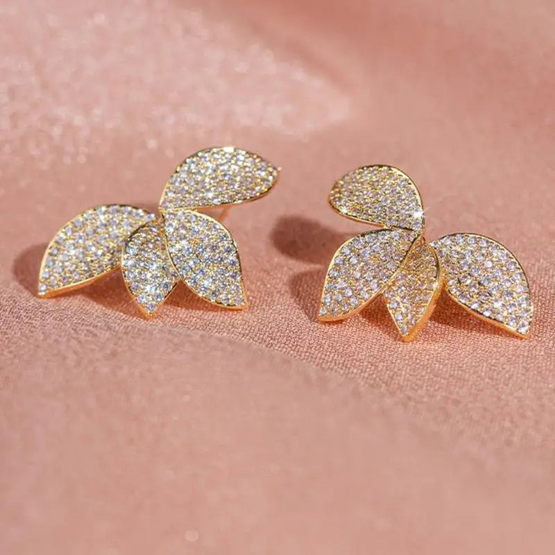 RAKOL Exquisite Full Zircon Leaf Stud Earrings for Women Korean Luxury Jewelry Elegant Flower Earring Bridal Wedding Party