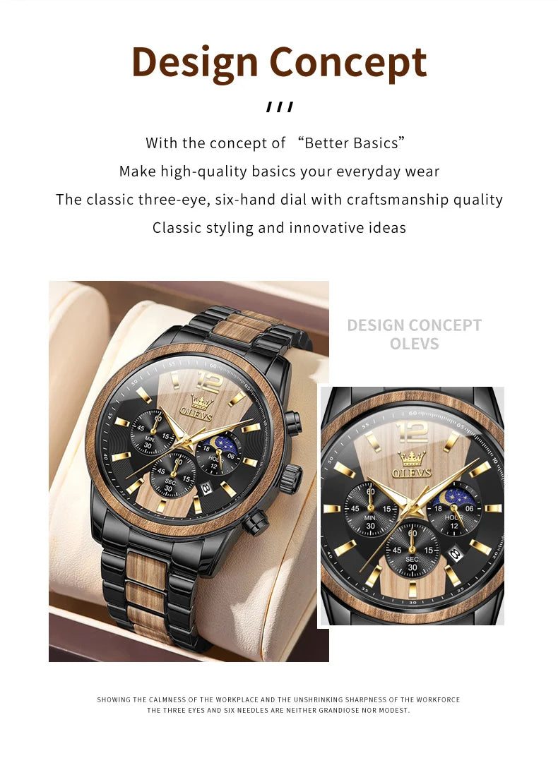 OLEVS 3645 Mens Watch Top Brand Business Original Quartz Watch Solid Wood Multifunctional Chronograph Watch Moon Phase Reloj New