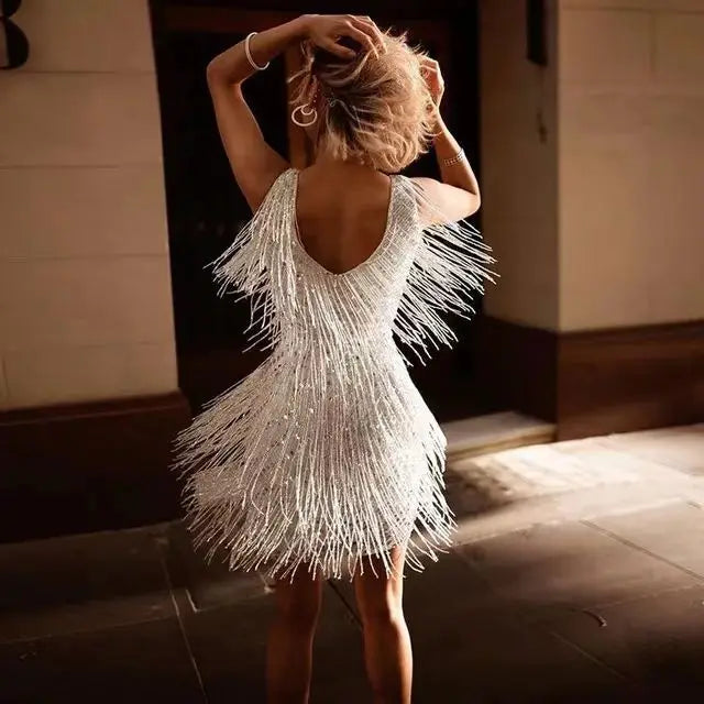 Fashion V-neck Sexy Deep Sleeveless Pencil Dresses Fringed Mid Dress for Women